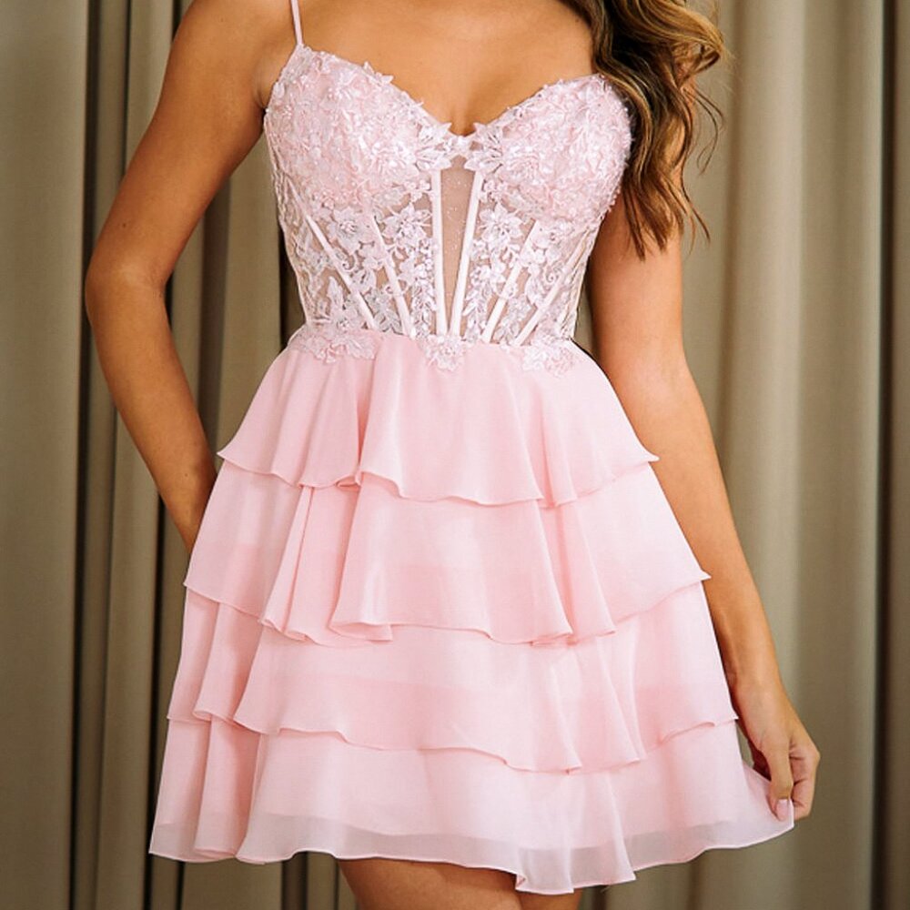 Blush pink homecoming dress.Light blue prom party short tiered skirt mini